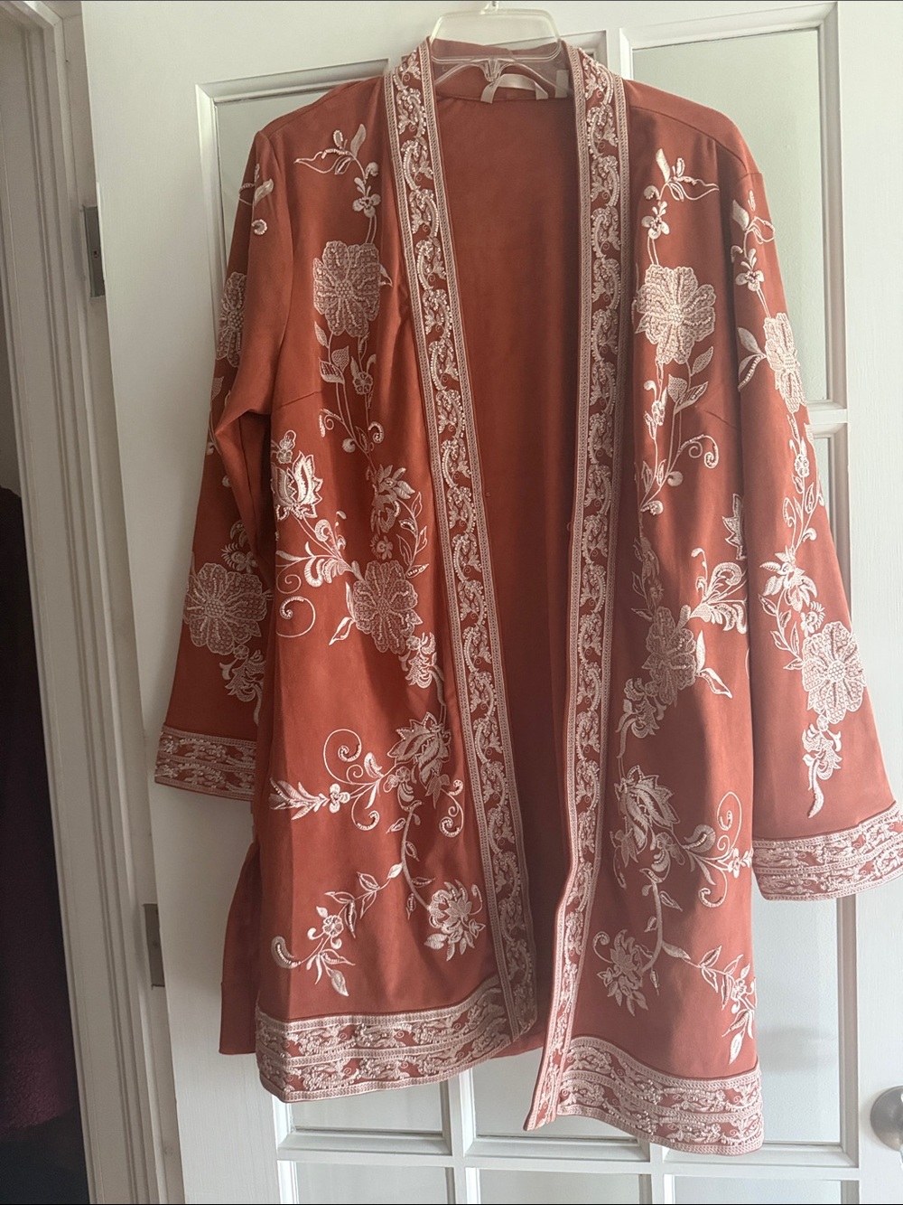 Rust Embroidered Open Kimono Jacket with Ivory Trim